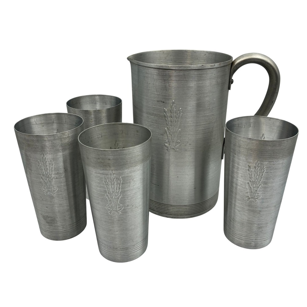 Vintage Aluminum Wheat Pitcher and 4 Tumbler Cup Set Silver Mid Century Modern